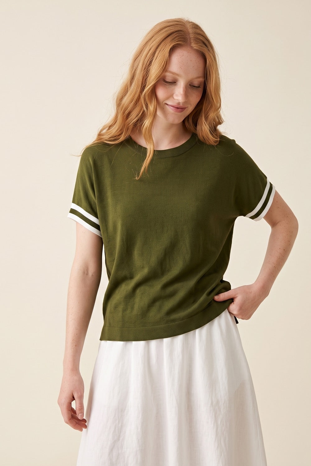 Olive Green fine Knited sweater with Striped Cuffs