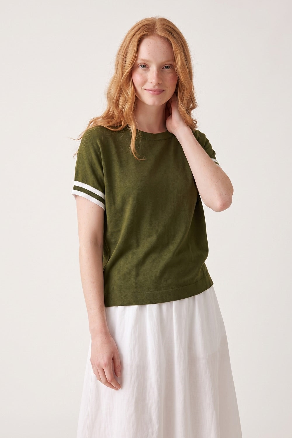 Olive Green fine Knited sweater with Striped Cuffs