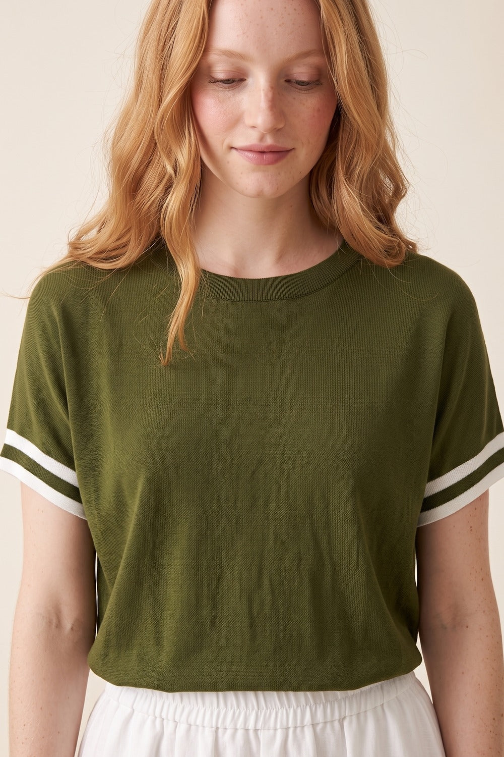 Olive Green fine Knited sweater with Striped Cuffs
