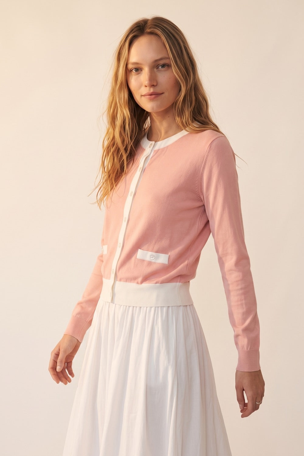 Fine Knit Contrast Trim Cardigan old pink color