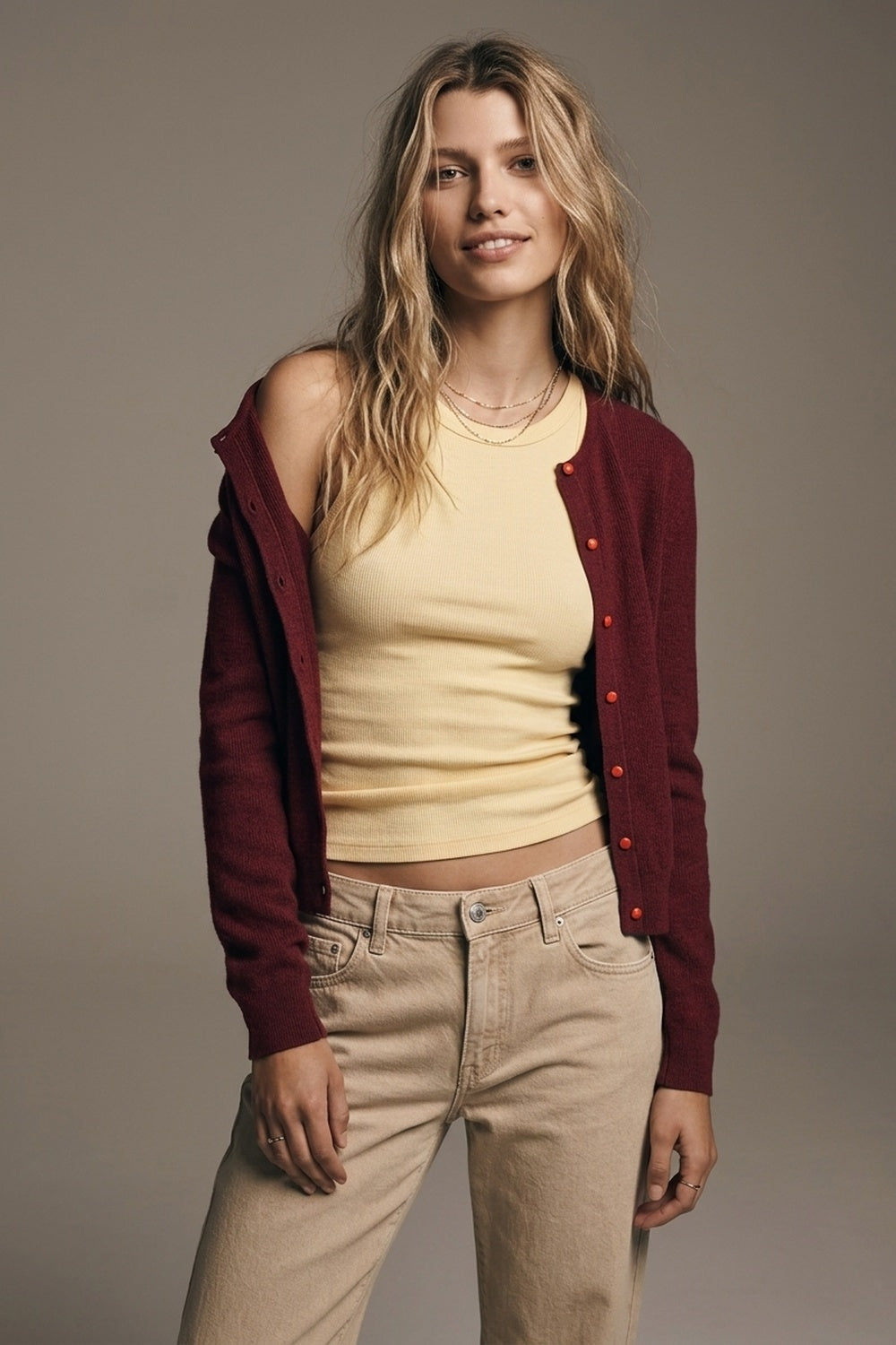 Burgundy Fine Knit Button Front Crew Neck Regular Fit Cardigan Sweater