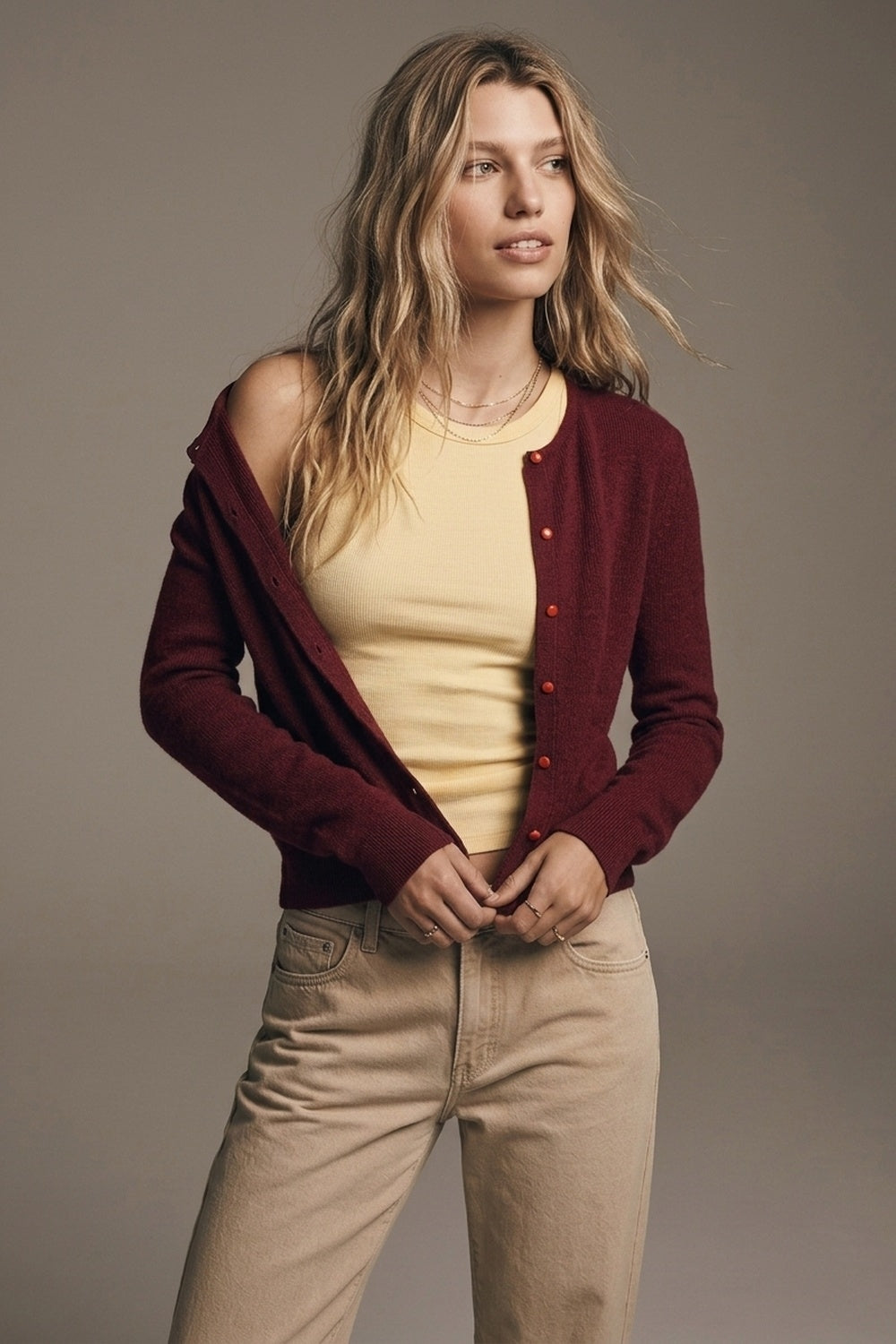 Burgundy Fine Knit Button Front Crew Neck Regular Fit Cardigan Sweater