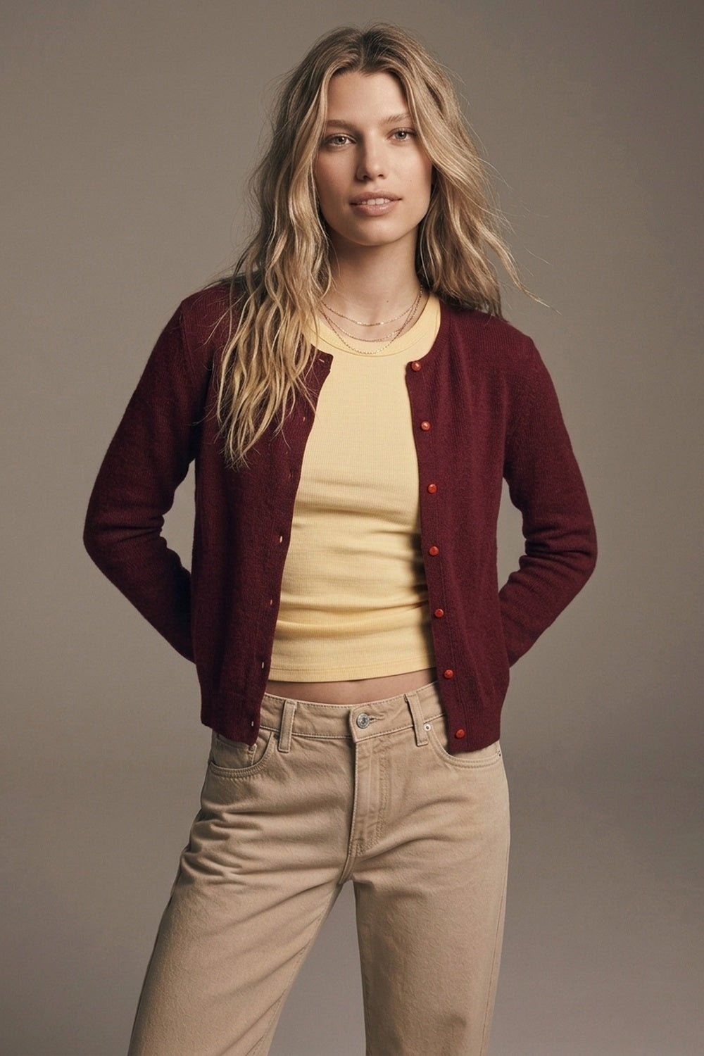 Burgundy Fine Knit Button Front Crew Neck Regular Fit Cardigan Sweater