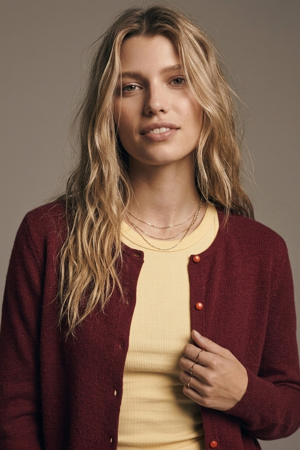 Burgundy Fine Knit Button Front Crew Neck Regular Fit Cardigan Sweater