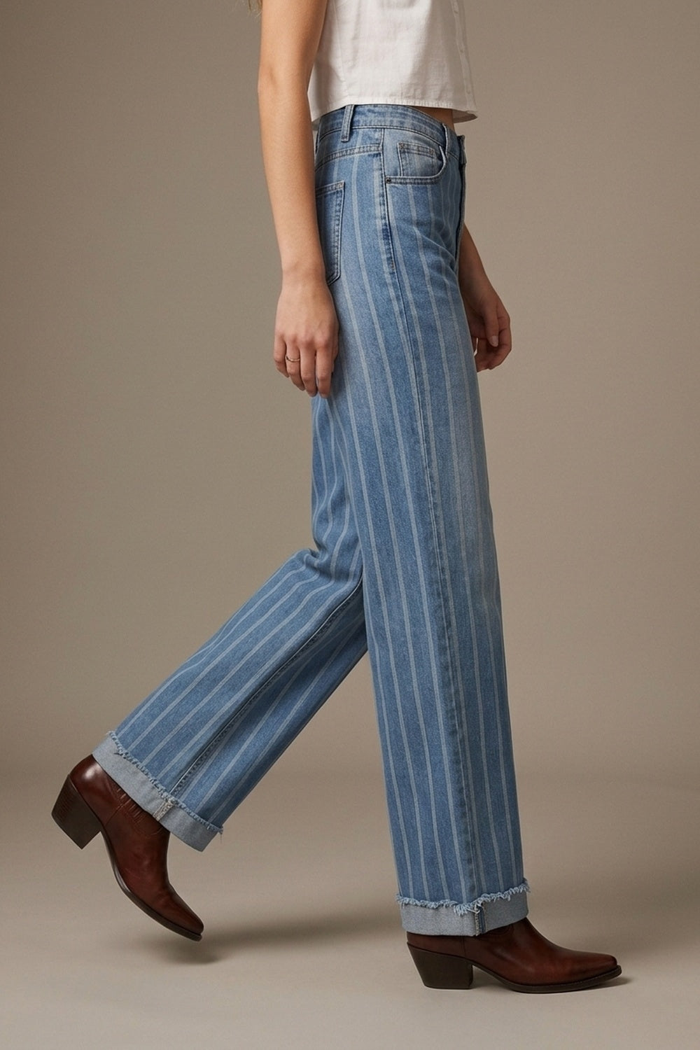 medium wash Blue Jeans with Stripe Design and Frayed Wide Leg - Denim