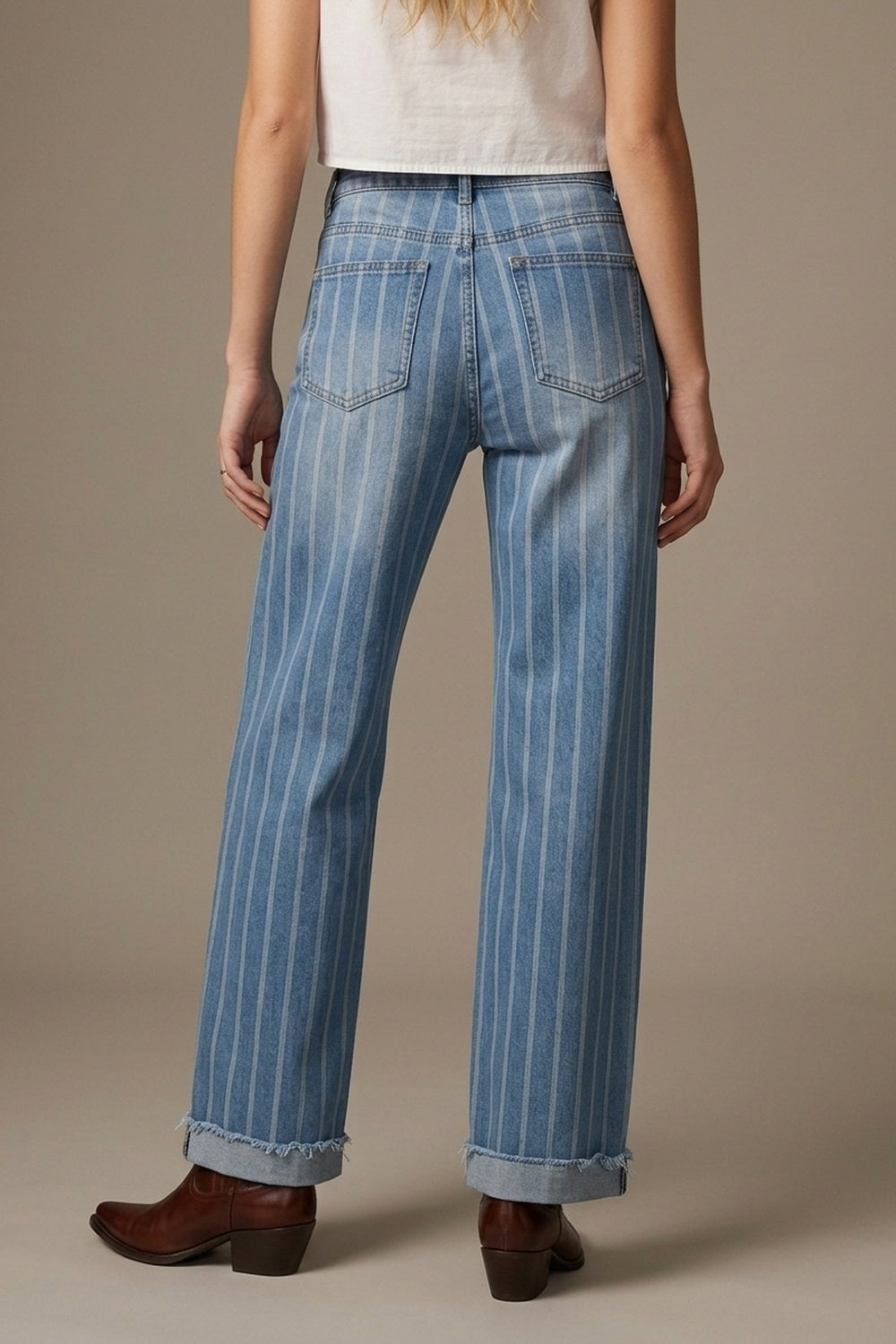 medium wash Blue Jeans with Stripe Design and Frayed Wide Leg - Denim