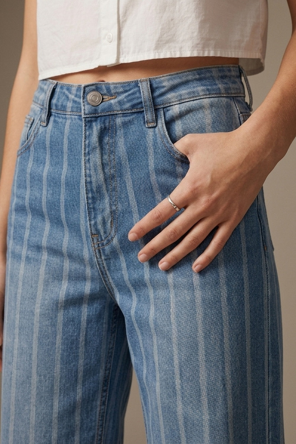medium wash Blue Jeans with Stripe Design and Frayed Wide Leg - Denim