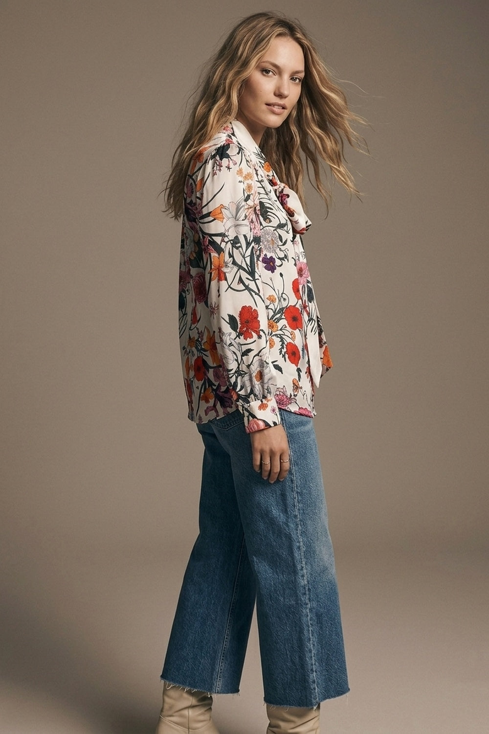 White Floral Print Satin Tie Neck Long Sleeve Blouse Top - Shirts