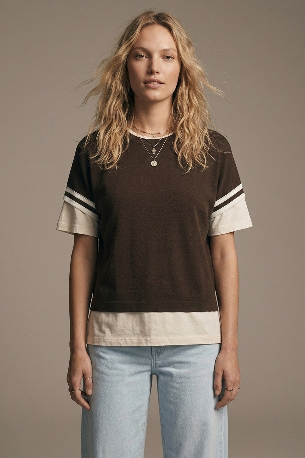 Brown Knit sweater with White Stripe Sleeve Detail