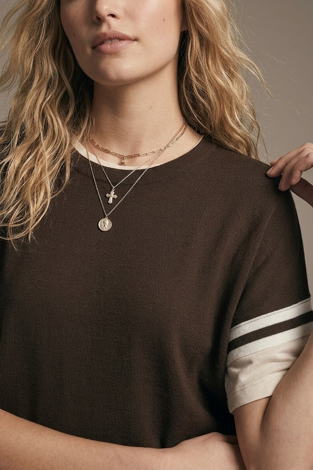 Brown Knit sweater with White Stripe Sleeve Detail