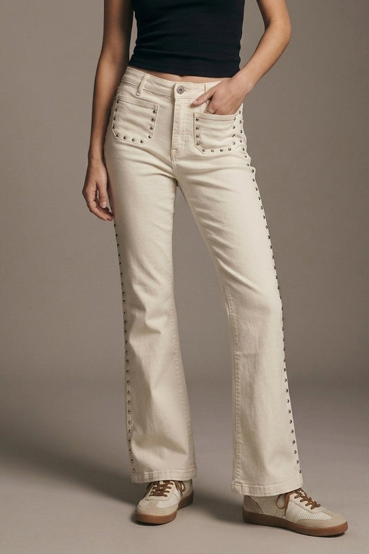 Cream Flared Jeans with Studded Trim Detail - Coloured Jeans