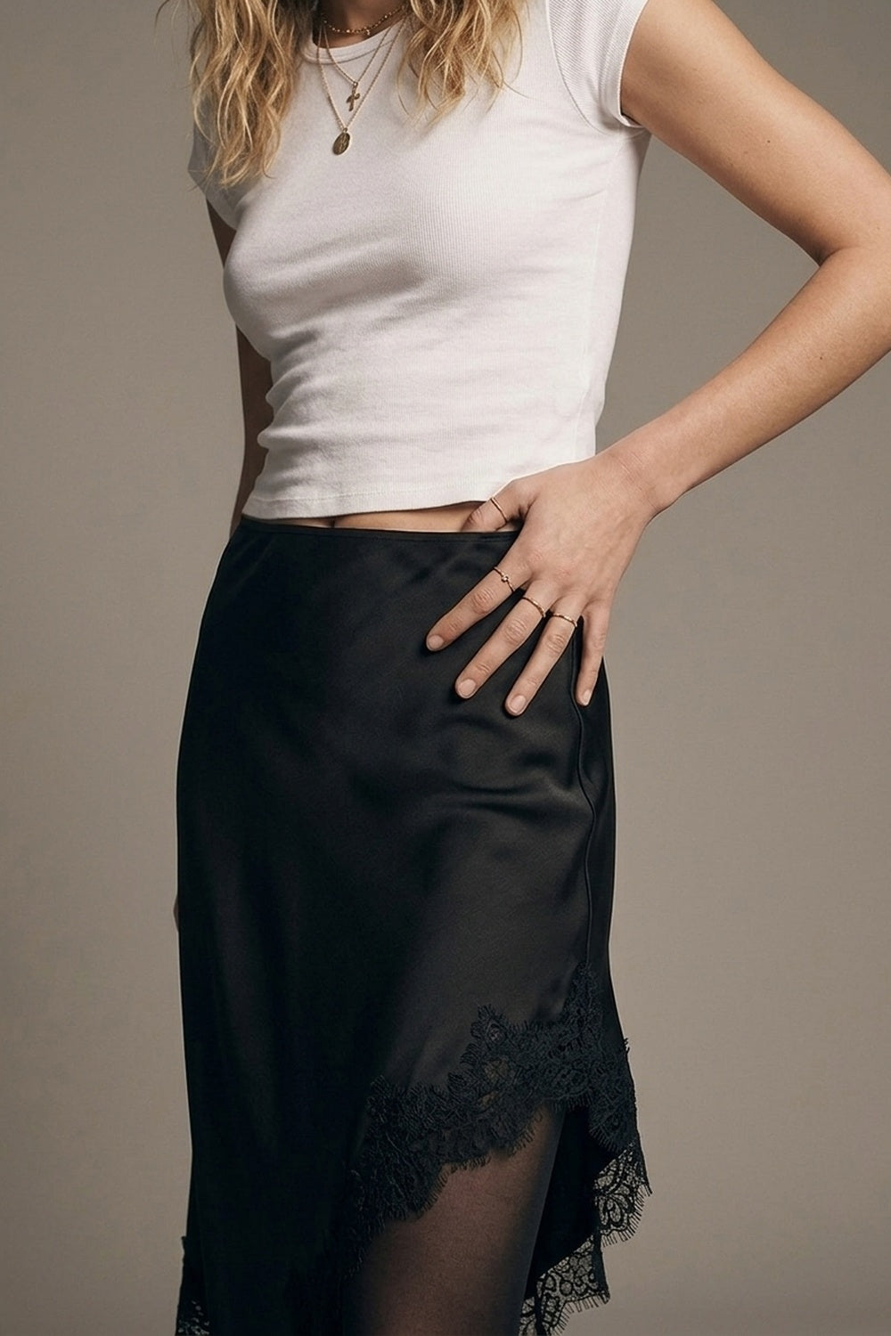 Black Satin Lace Trim Asymmetrical Midi Skirt
