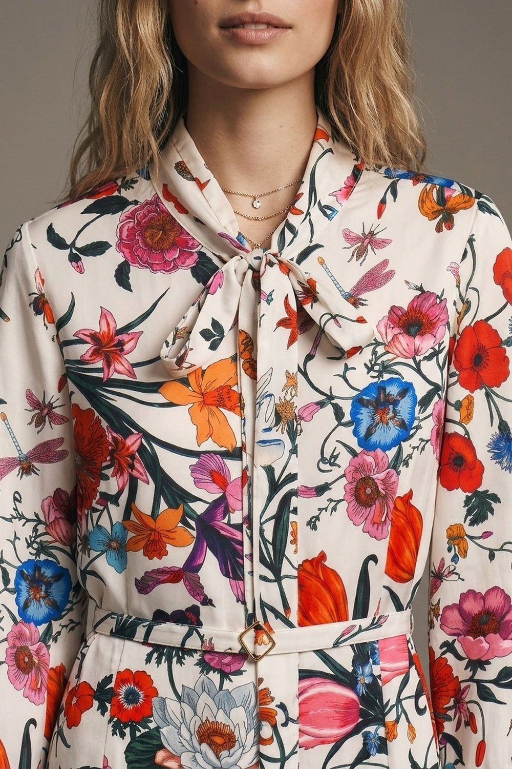White Floral Print Lightweight Woven Belted Long Sleeve Mini Dress - dress
