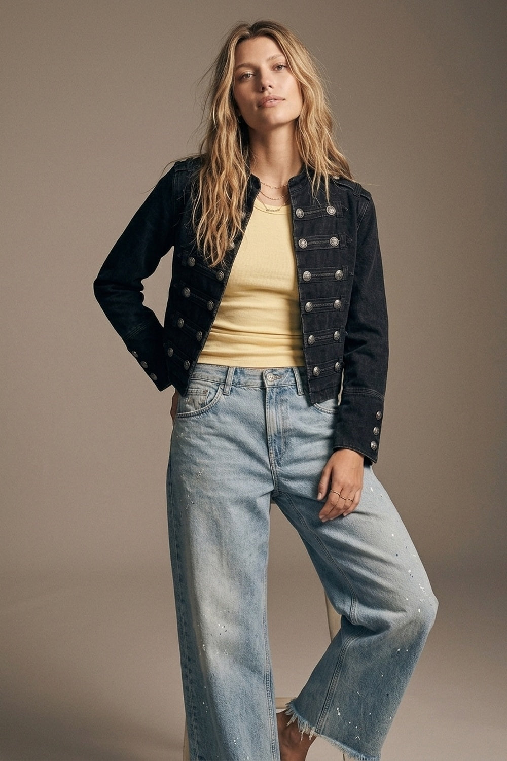 Black wash Officer Denim Jacket with Decorative Buttons