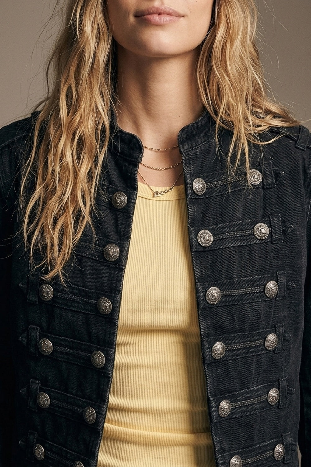 Black wash Officer Denim Jacket with Decorative Buttons