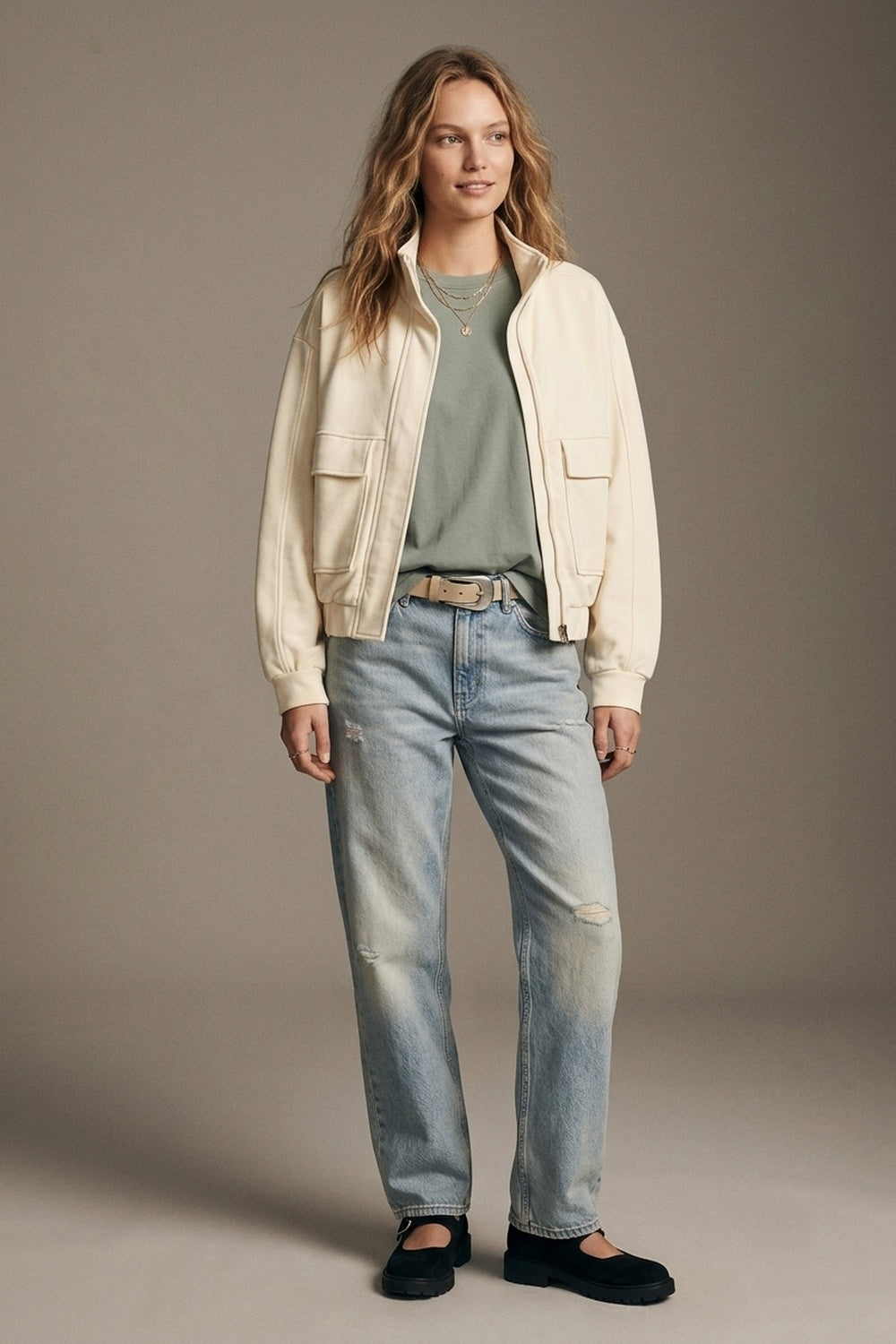 Cream viscose High Collar Pocket Front Relaxed Fit Bomber Jacket