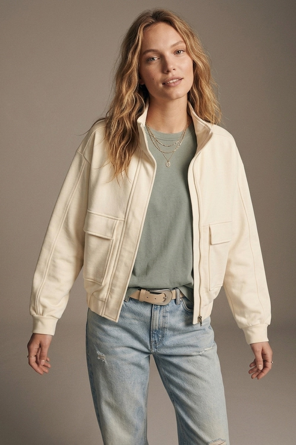 Cream viscose High Collar Pocket Front Relaxed Fit Bomber Jacket