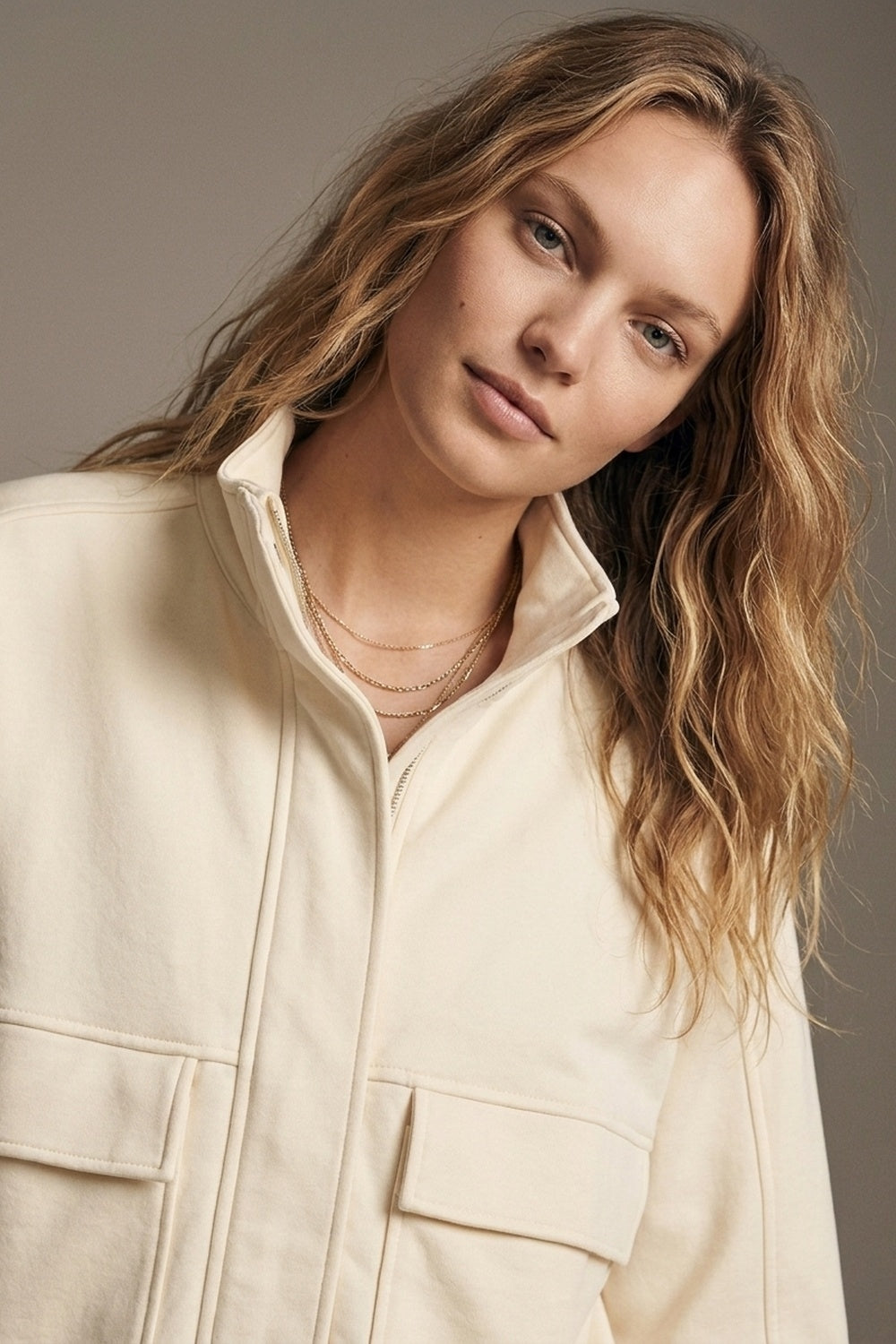 Cream viscose High Collar Pocket Front Relaxed Fit Bomber Jacket