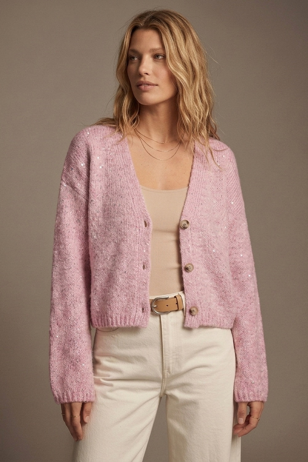 Pink fluffy Knit Button Front Relaxed Fit Cardigan with sequin details