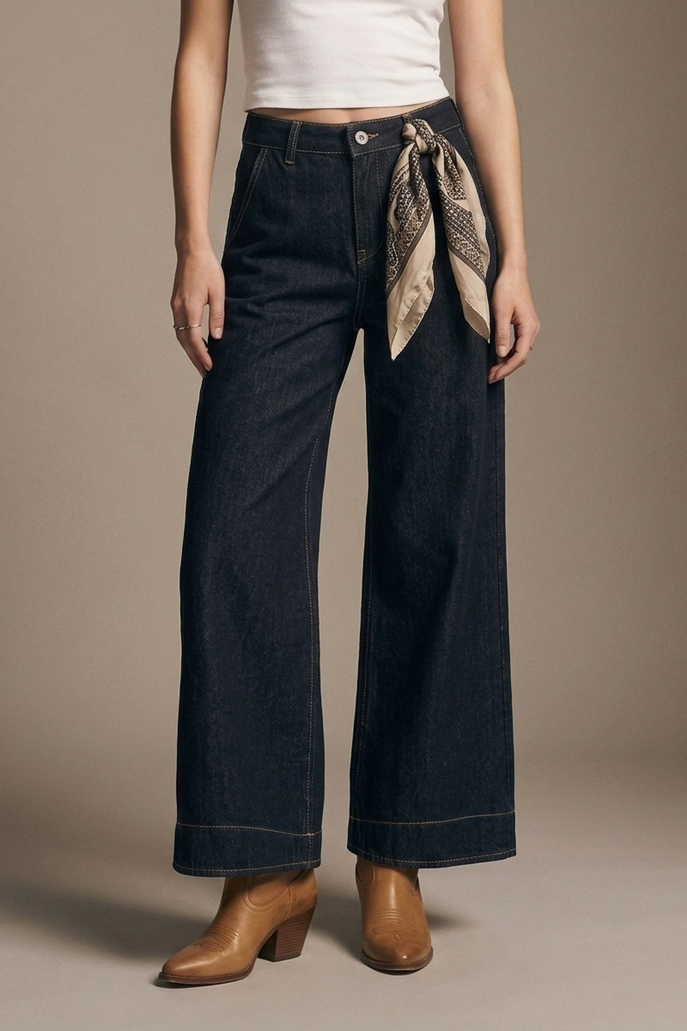 Dark Denim Wide-Leg Jeans with Contrast Stitching - Denim