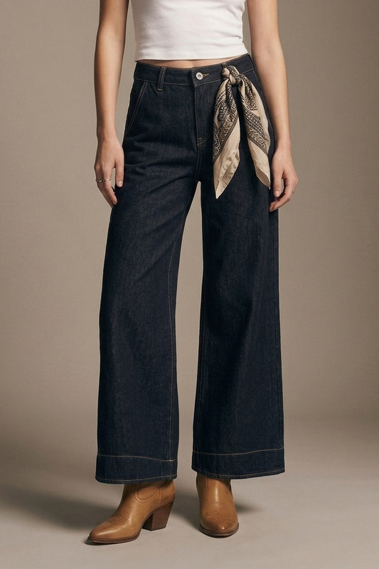 Dark Denim Wide-Leg Jeans with Contrast Stitching - Denim