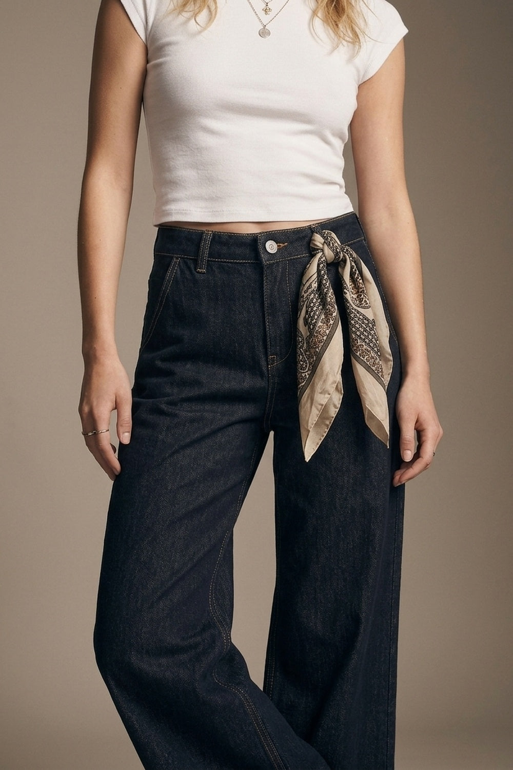 Dark Denim Wide-Leg Jeans with Contrast Stitching - Denim