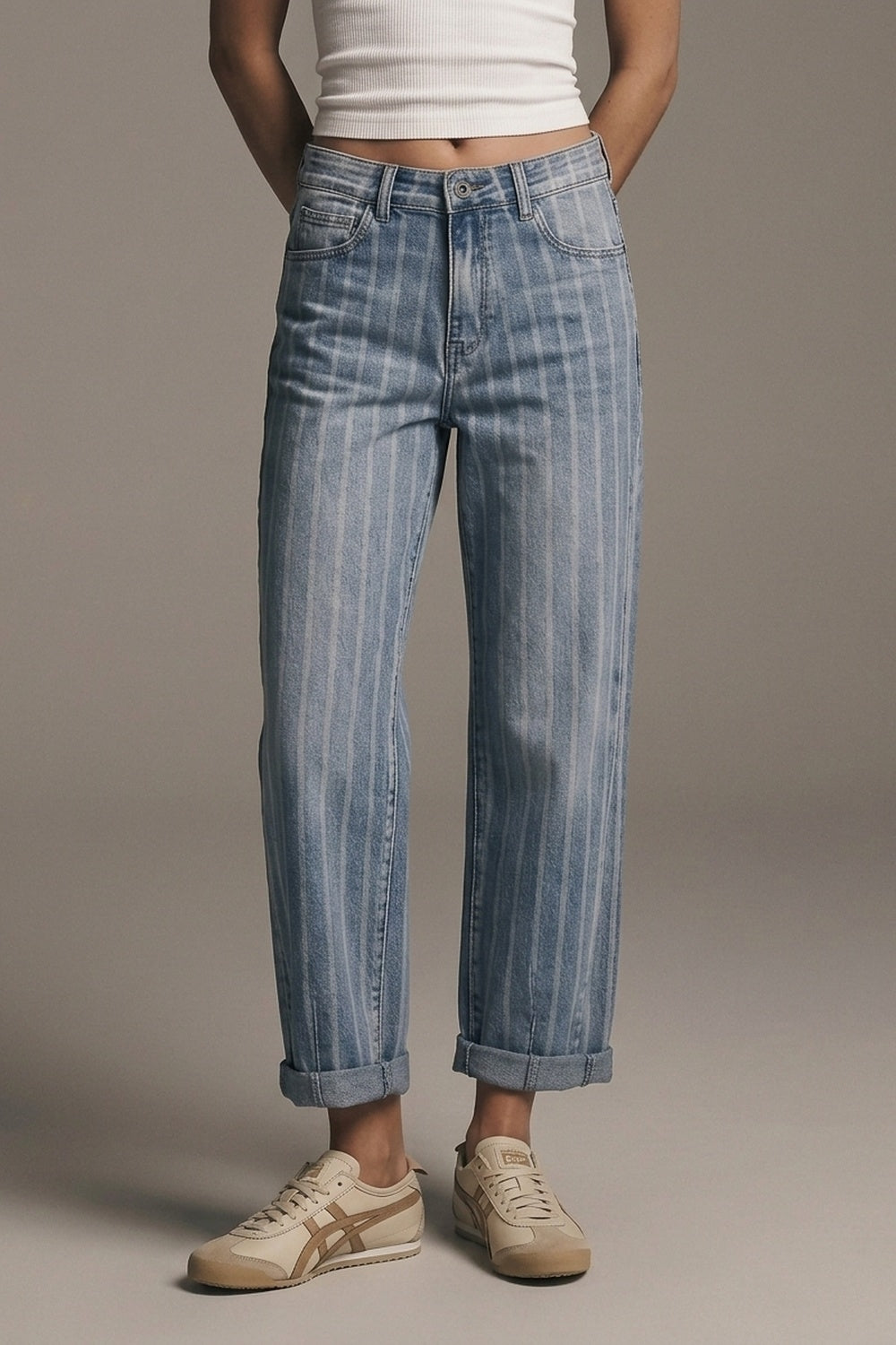 Stripe Design stretch Denim mom Leg Jeans in medium wash - Denim