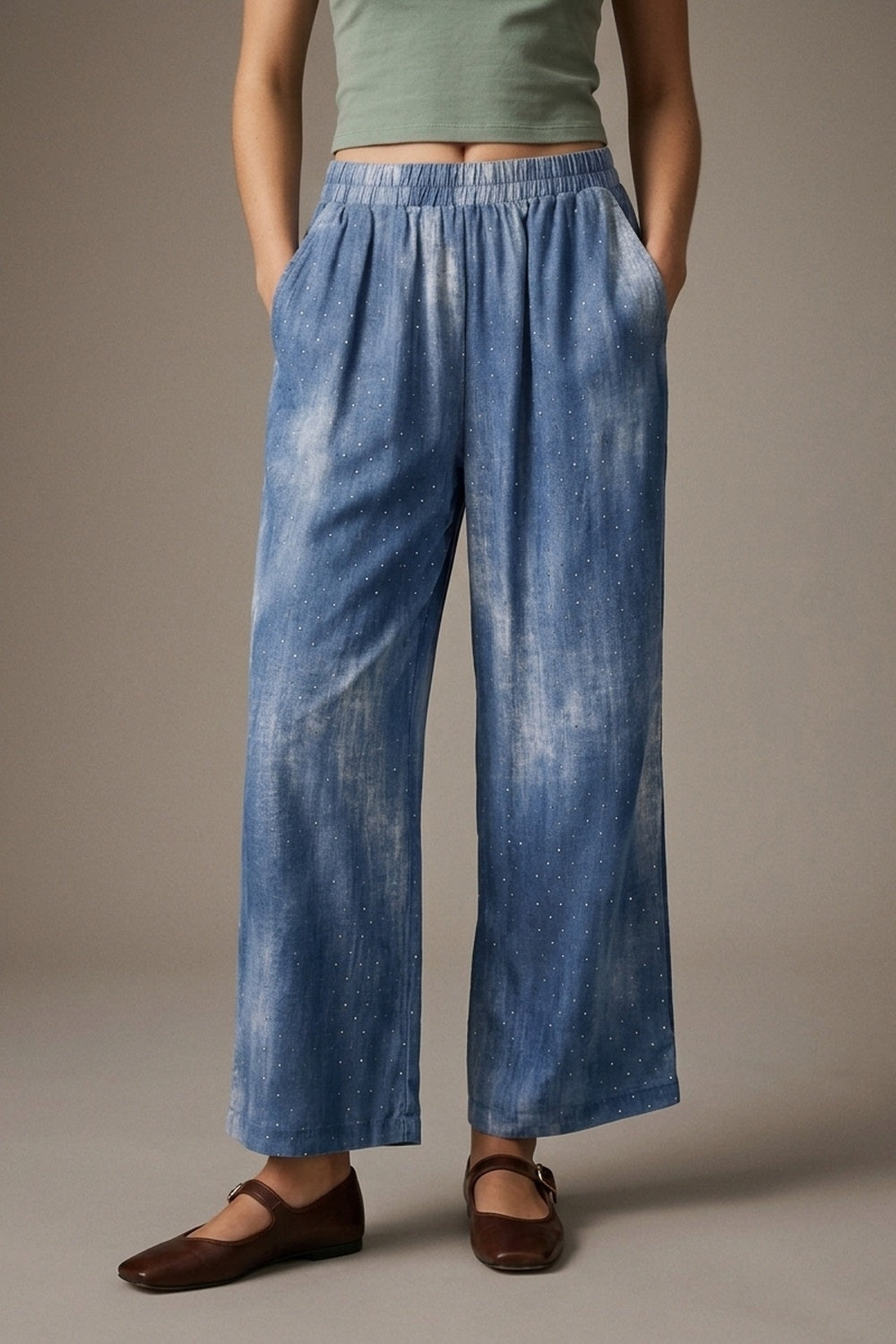 Blue Tie-Dye chiffon Elastic Waist Pants with embellished strass