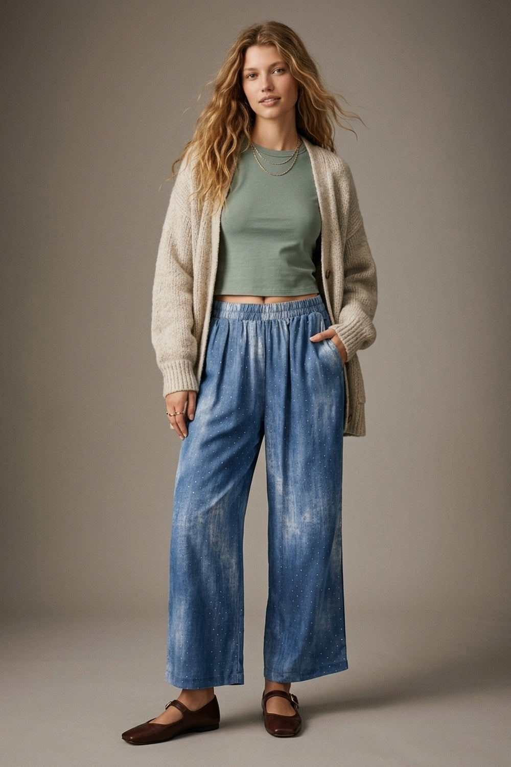 Blue Tie-Dye chiffon Elastic Waist Pants with embellished strass - trousers