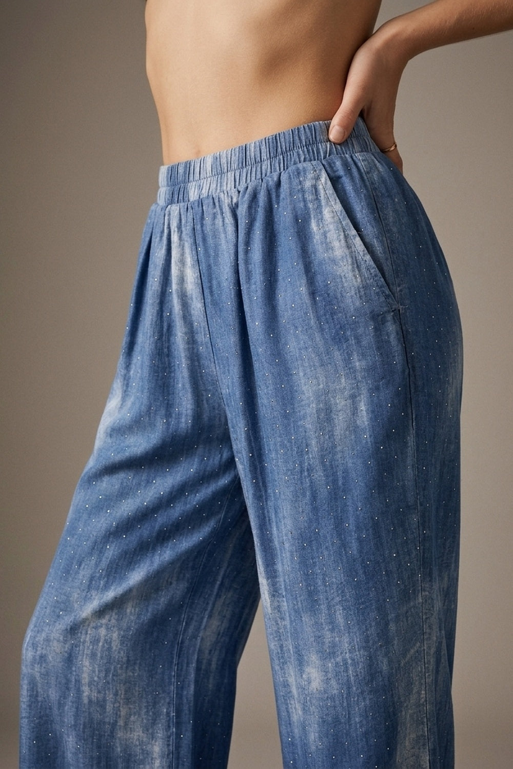 Blue Tie-Dye chiffon Elastic Waist Pants with embellished strass - trousers