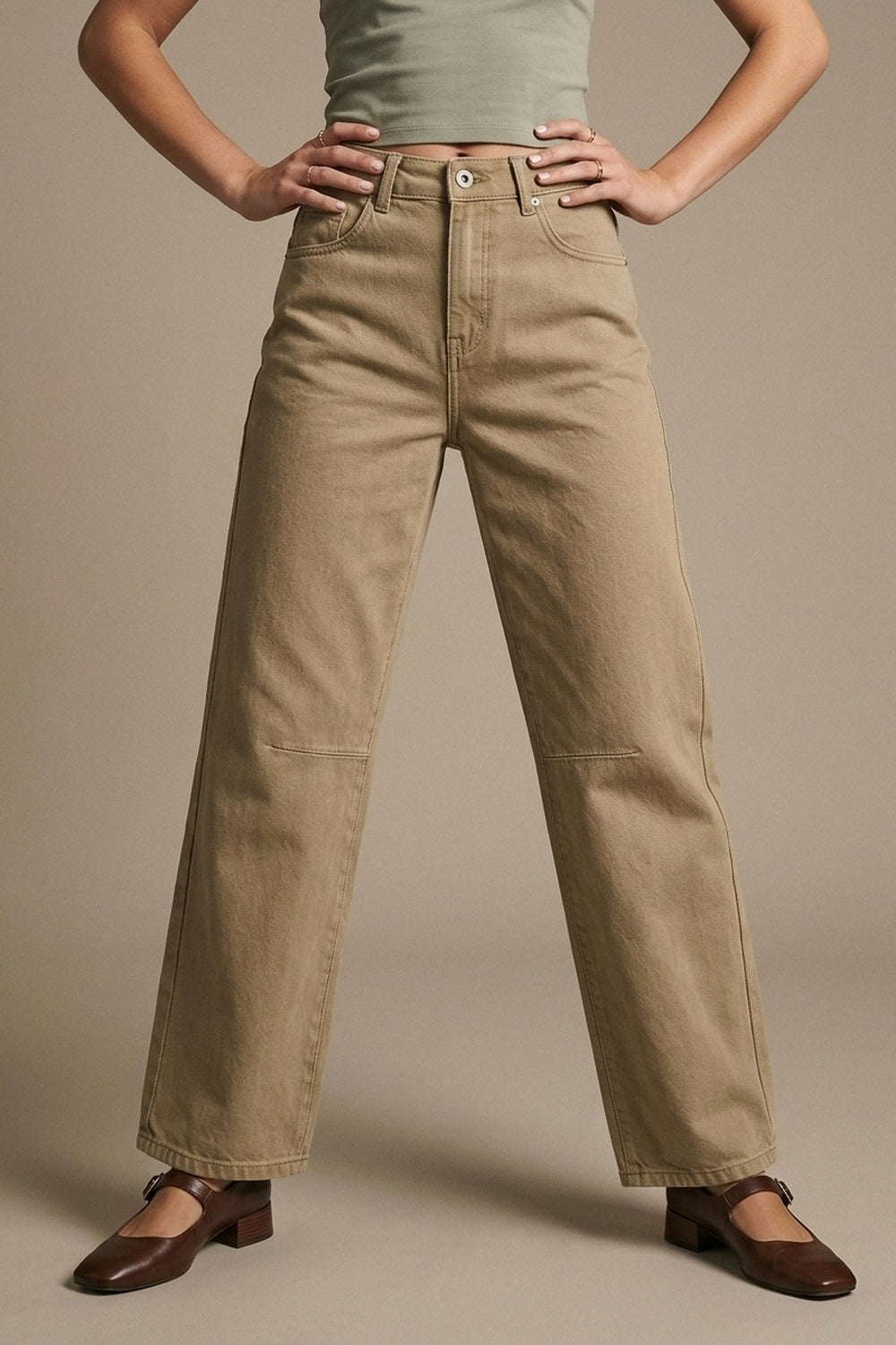 Beige Soft Stretch Denim Wide Leg Jeans with seam at the knee - Coloured Jeans