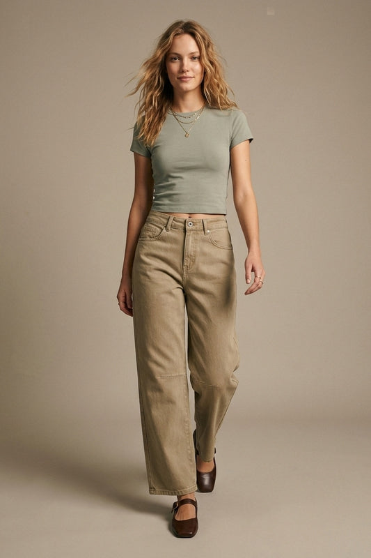 Beige Soft Stretch Denim Wide Leg Jeans with seam at the knee - Coloured Jeans
