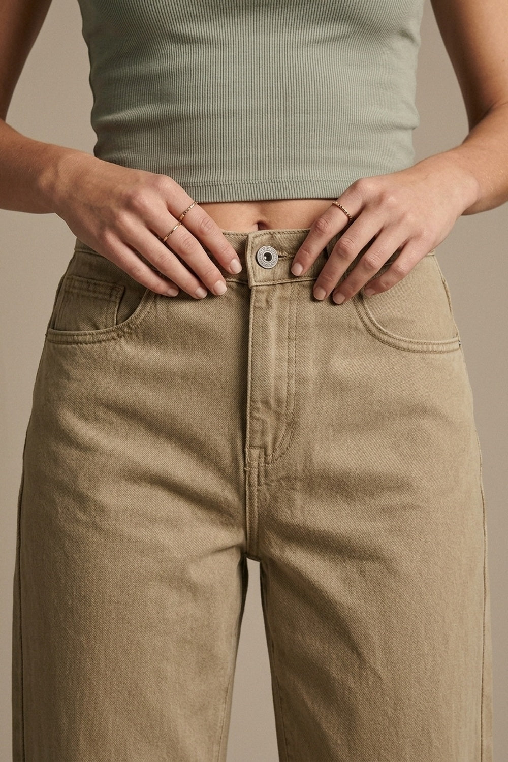 Beige Soft Stretch Denim Wide Leg Jeans with seam at the knee - Coloured Jeans