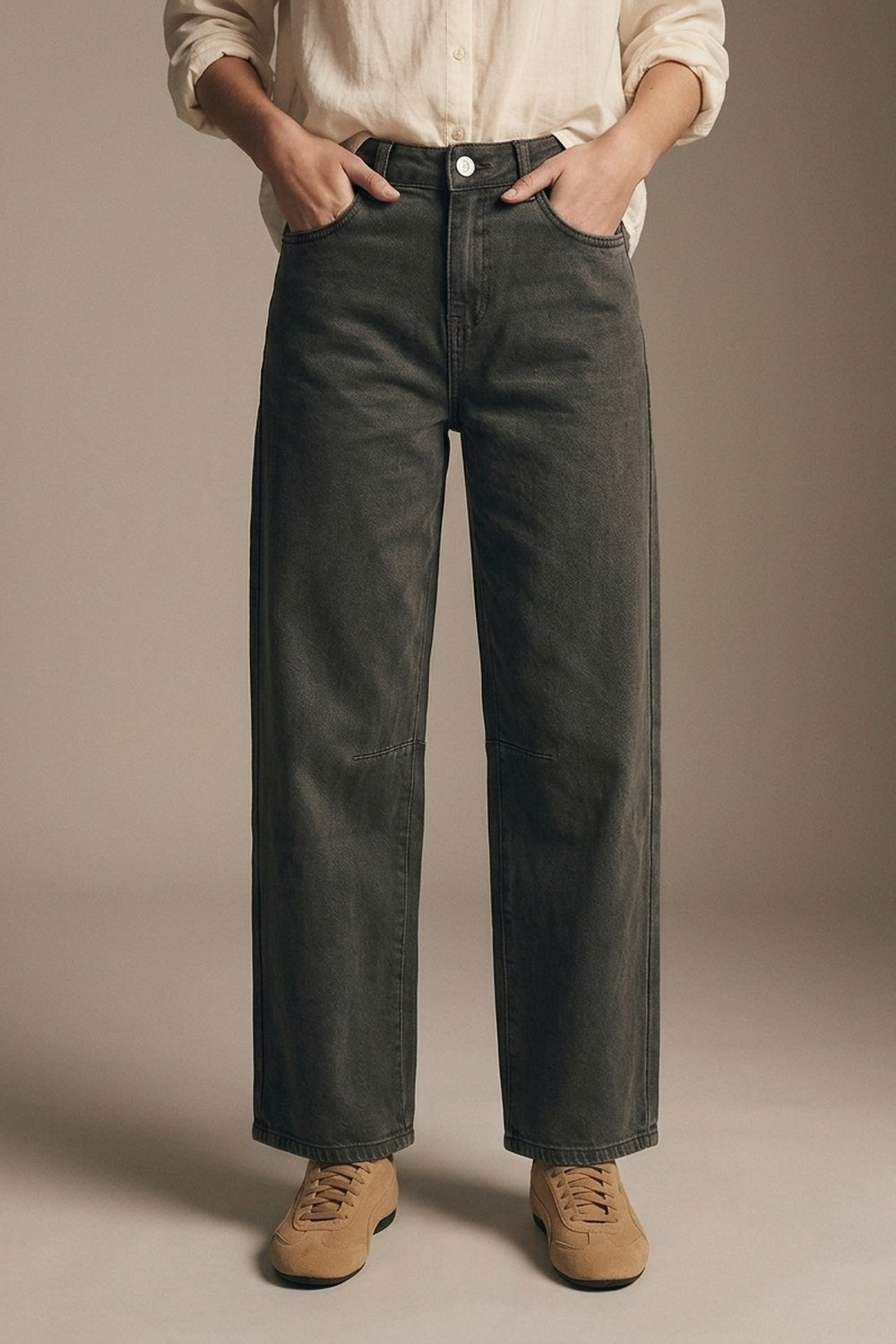 khaki Vintage Wash Denim Wide Leg Jeans with seam at the knee - Coloured Jeans