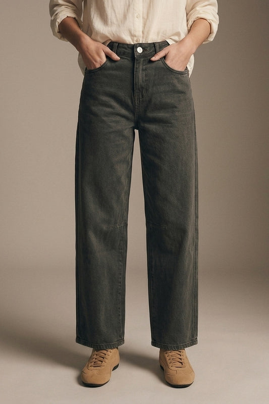 khaki Vintage Wash Denim Wide Leg Jeans with seam at the knee - Coloured Jeans