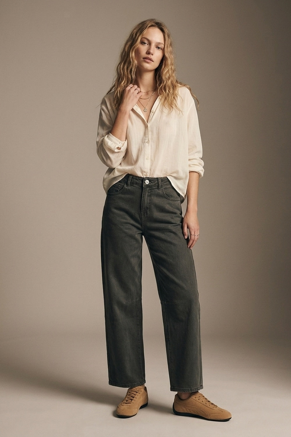 khaki Vintage Wash Denim Wide Leg Jeans with seam at the knee - Coloured Jeans