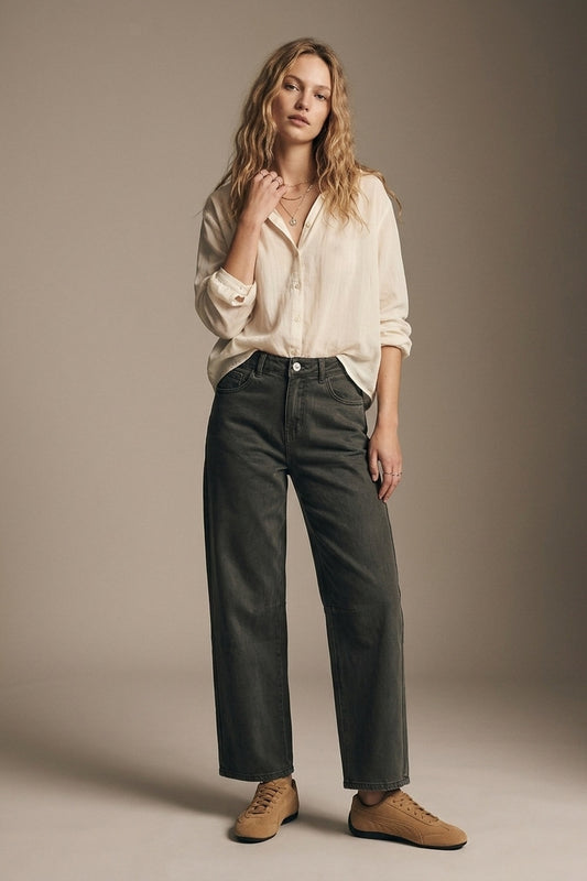 khaki Vintage Wash Denim Wide Leg Jeans with seam at the knee - Coloured Jeans