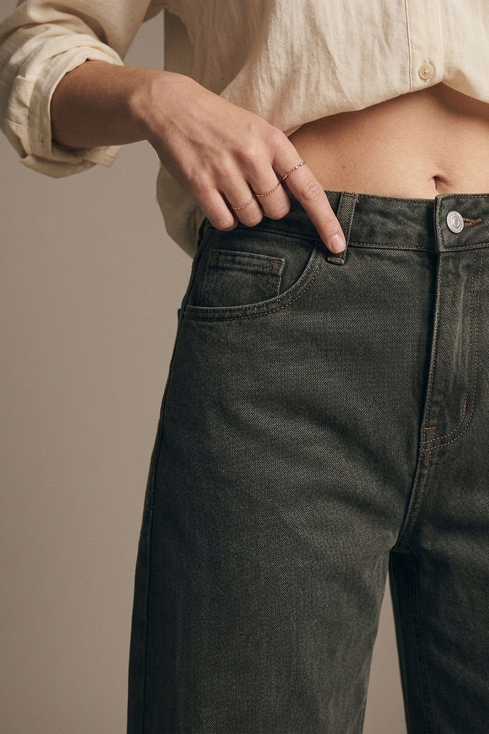 khaki Vintage Wash Denim Wide Leg Jeans with seam at the knee - Coloured Jeans