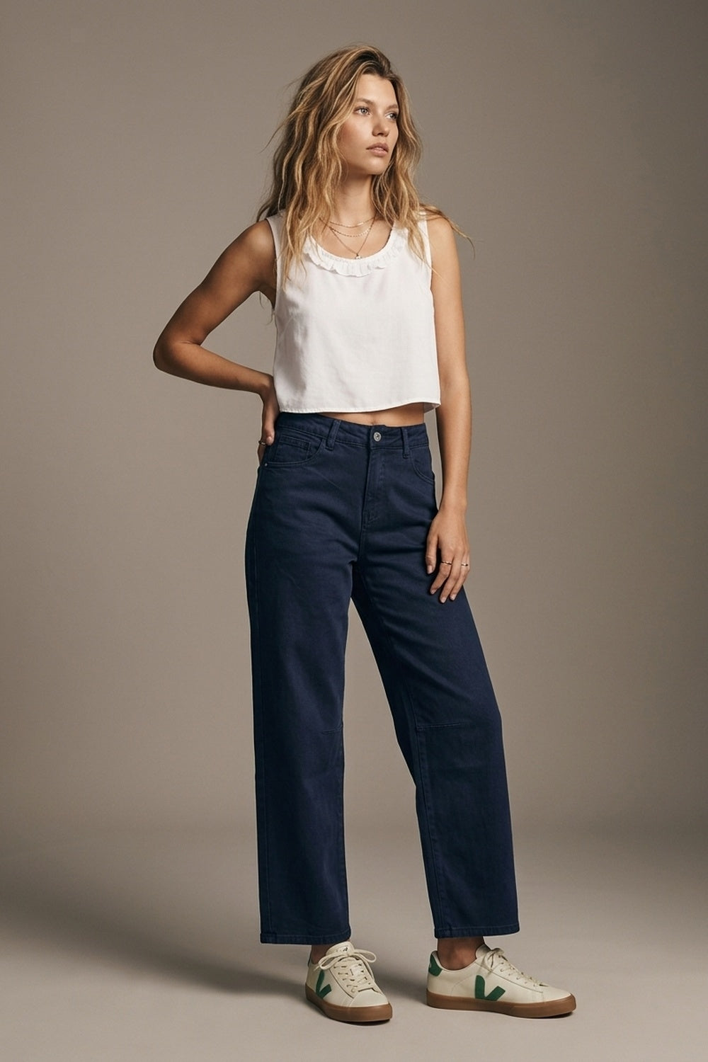 Navy soft stretch Denim Wide Leg Jeans with seam at the knee - Coloured Jeans