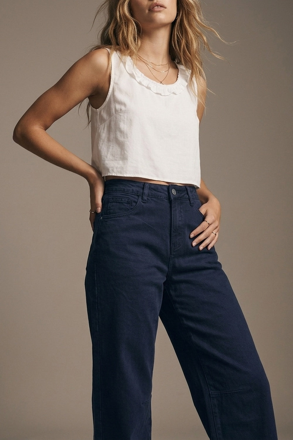 Navy soft stretch Denim Wide Leg Jeans with seam at the knee - Coloured Jeans