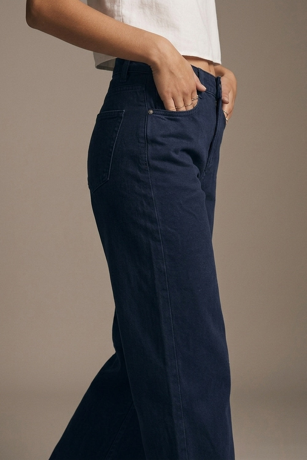 Navy soft stretch Denim Wide Leg Jeans with seam at the knee - Coloured Jeans