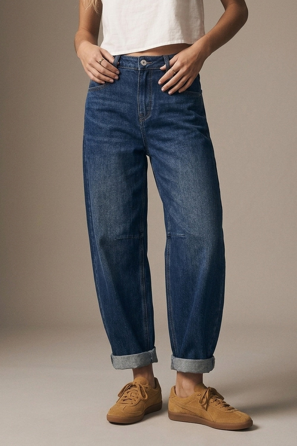 Blue Dark Wash Turn-Up leg Jeans with wide barrel leg style - Denim