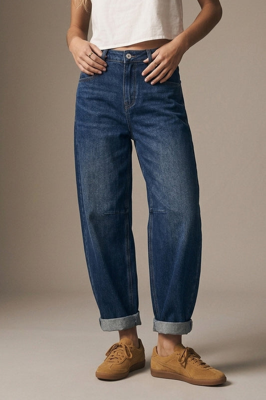 Blue Dark Wash Turn-Up leg Jeans with wide barrel leg style - Denim