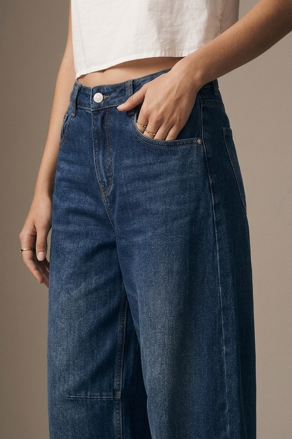 Blue Dark Wash Turn-Up leg Jeans with wide barrel leg style - Denim