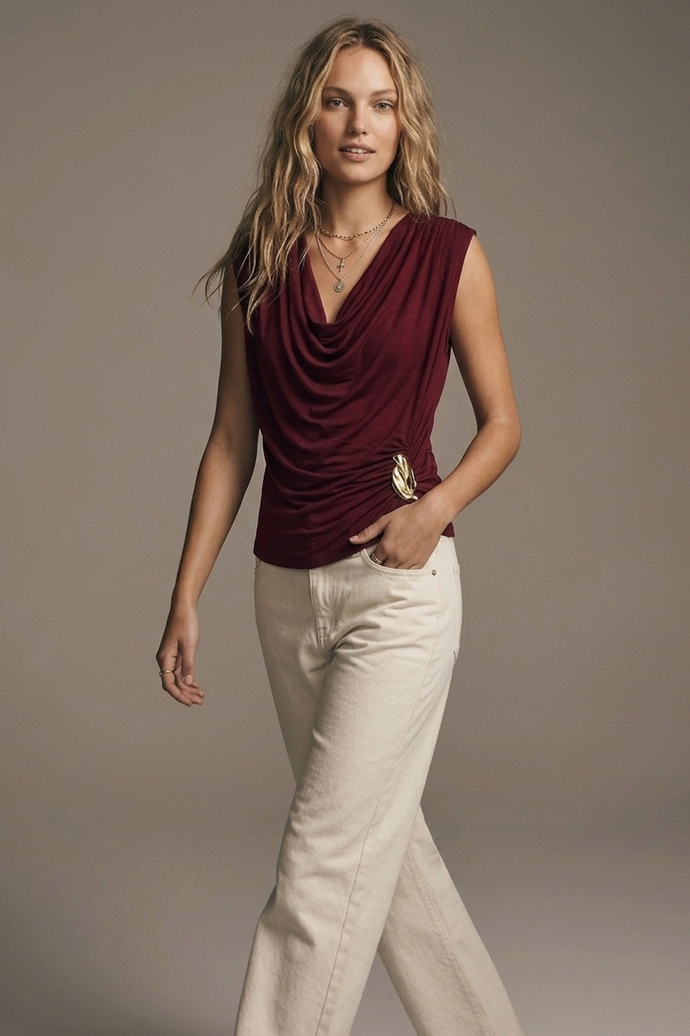 Burgundy Lightweight viscose top with Gold Accent and Draped Sleeveless