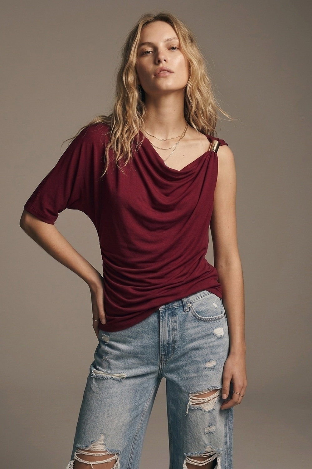 Burgundy Stretch Jersey Metal Accent Draped One-Shoulder Top - Shirts
