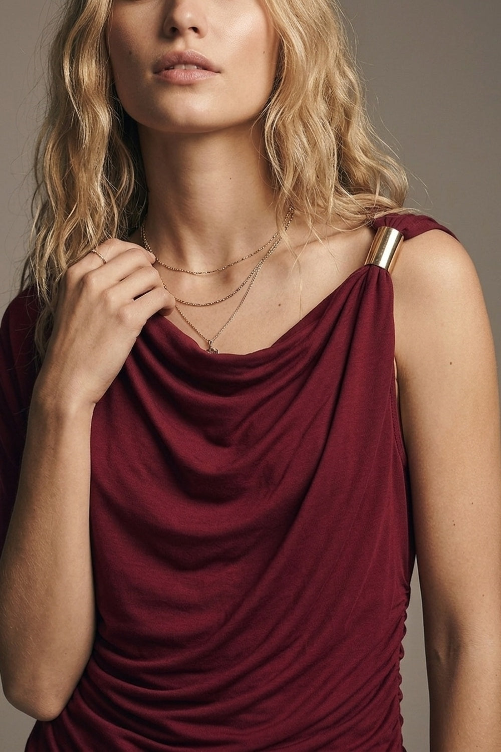 Burgundy Stretch Jersey Metal Accent Draped One-Shoulder Top - Shirts