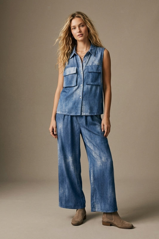 Blue Tie-Dye Sleeveless Shirt with embellished Rhinestone - Shirts