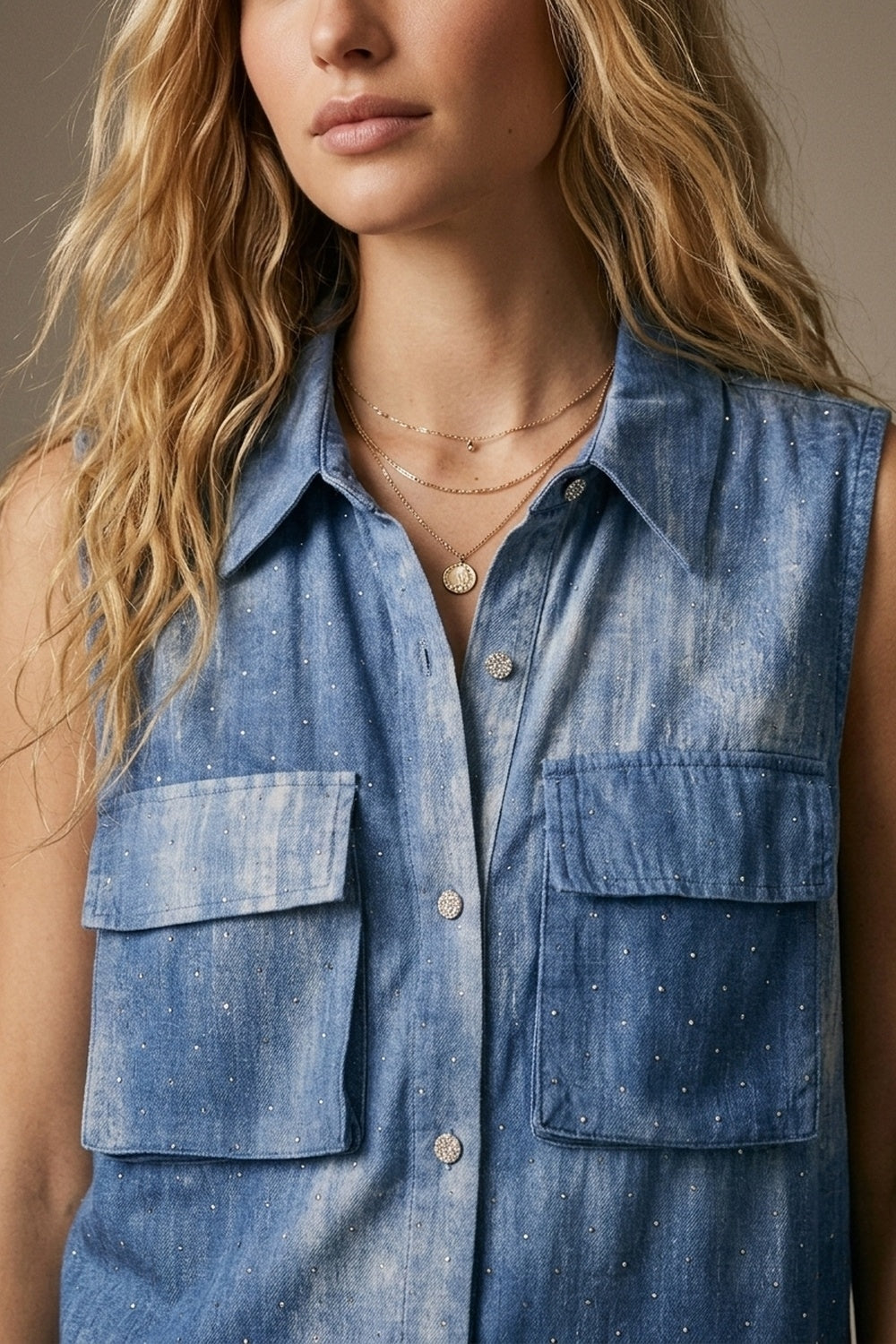 Blue Tie-Dye Sleeveless Shirt with embellished Rhinestone - Shirts