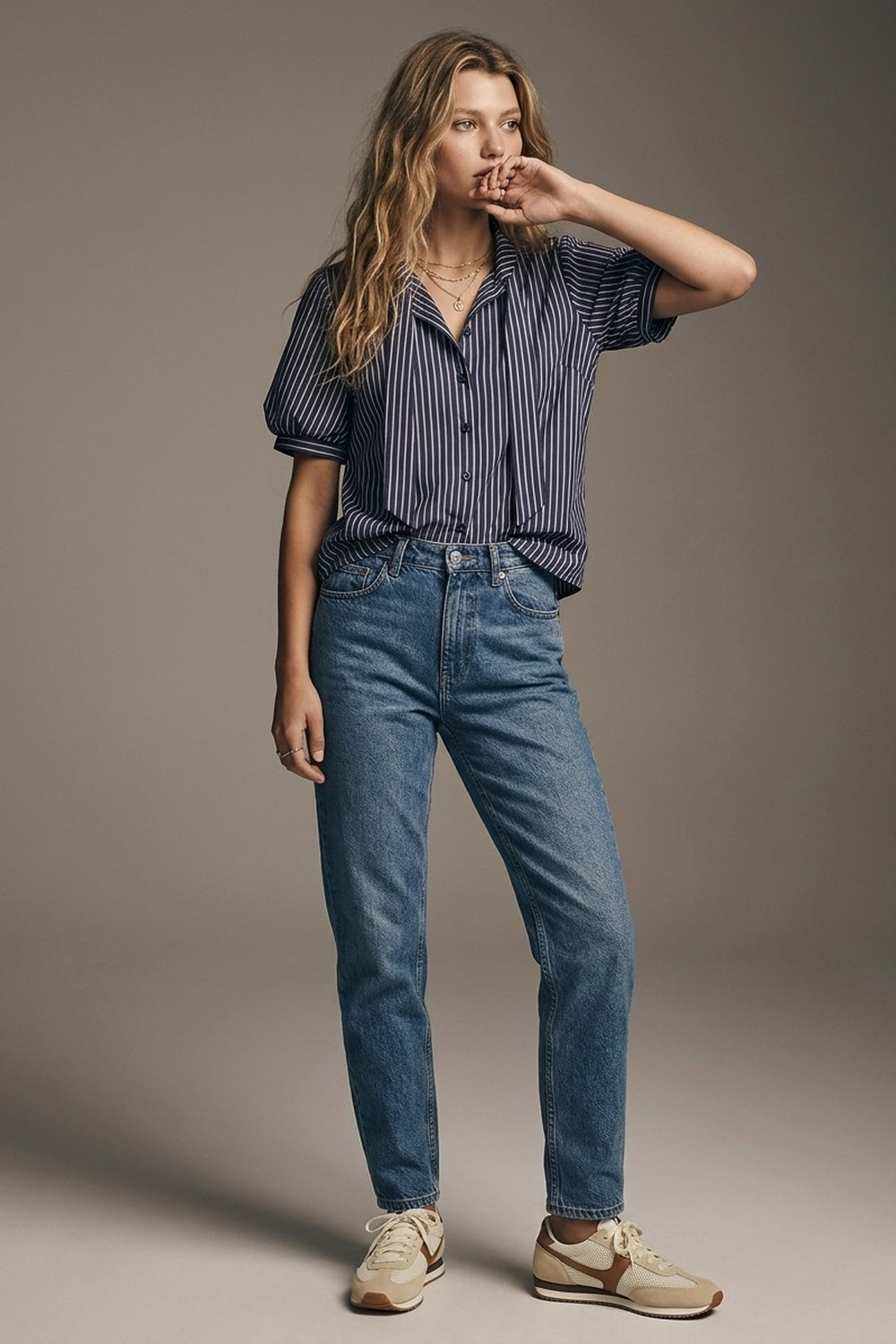 Navy Stripe Bow Tie Shirt with Short Sleeve in poplin - Shirts